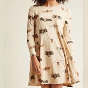 Pepaloves Bat Print Long Sleeve Fit and Flare Skater Dress Tan Medium